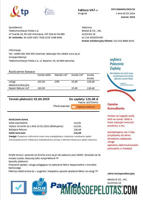 Para baixar modelo de fatura de serviços públicos comerciais TP da Polônia em formatos Word e PDF